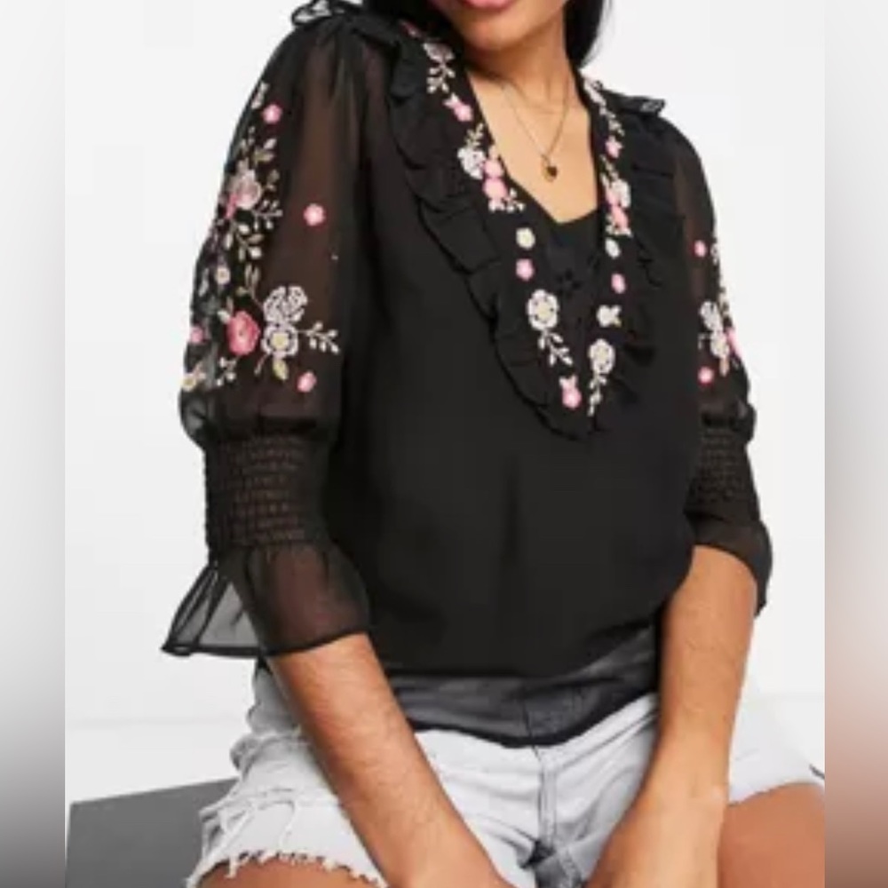French connection eve floral embroidered blouse in black size 4